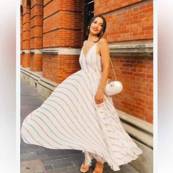 H&M Ivory Maxi Dress with Tan Stripes size 6 - Picture 1 of 16